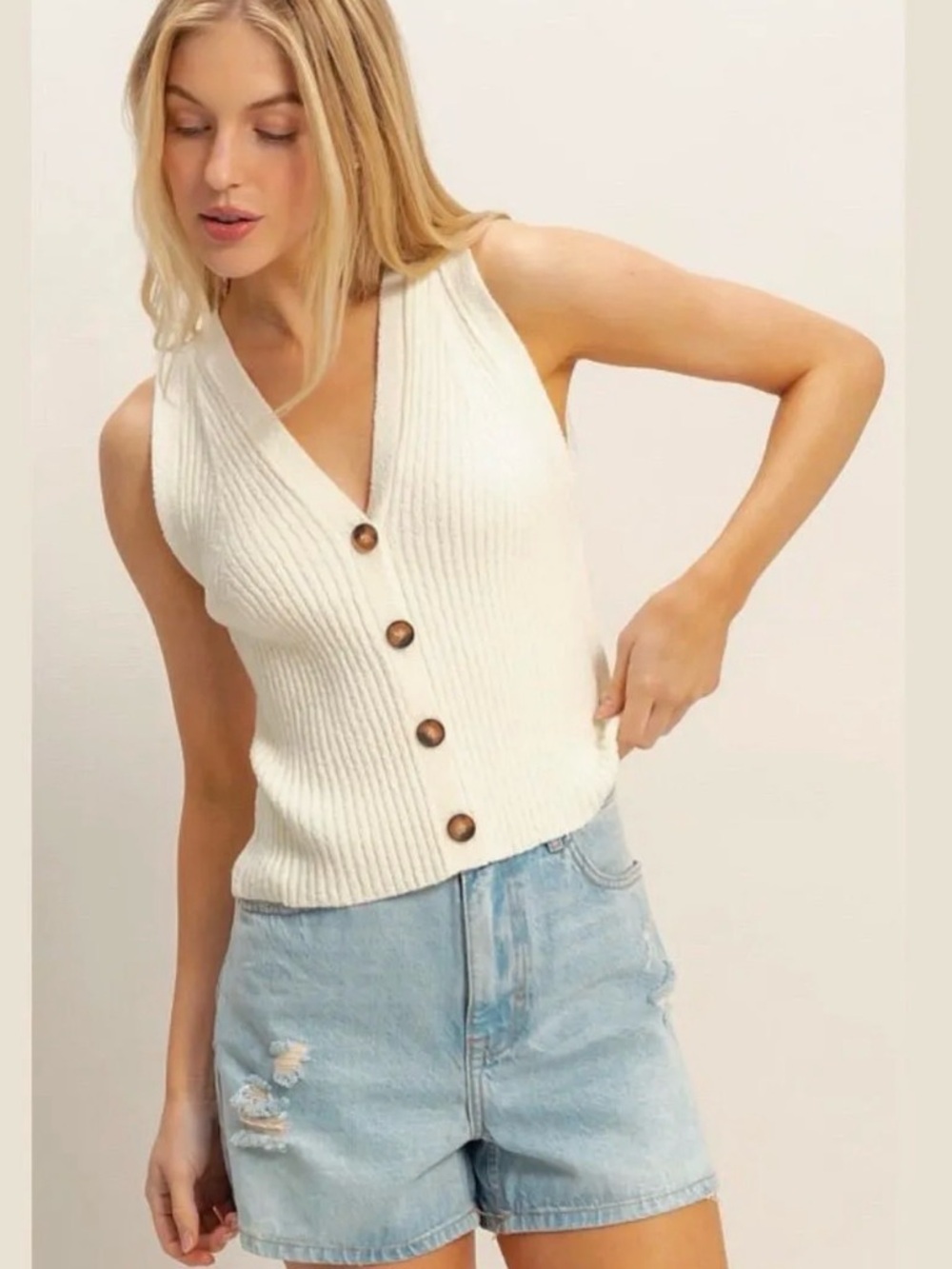 Ribbed Button Front Sweater Tank Ivory NWT | HYFVE | M